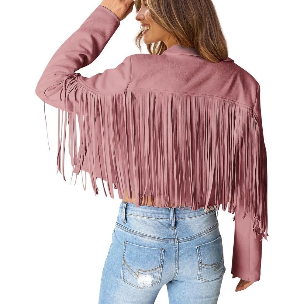 🆕Women's Dark Pink Fringe Faux Suede Leather Jacket Tassel Cropped Fall Coat - Picture 3 of 9